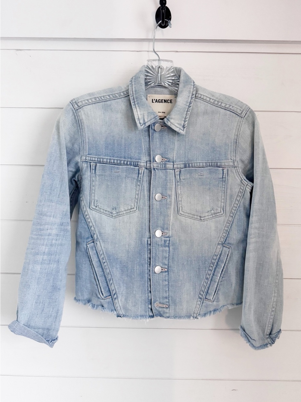 L'AGENCE Light Wash Distressed Denim Jacket
